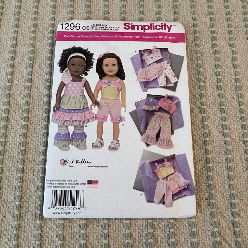 New - Simplicity Doll Clothes Sewing Pattern 1296